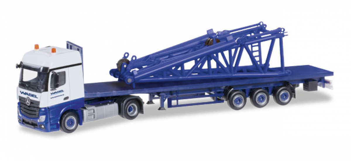 304955 Mb Actros Bigspace Flachbett-Sattelzug mit Derrick Kopfstück "Wasel" Herpa
