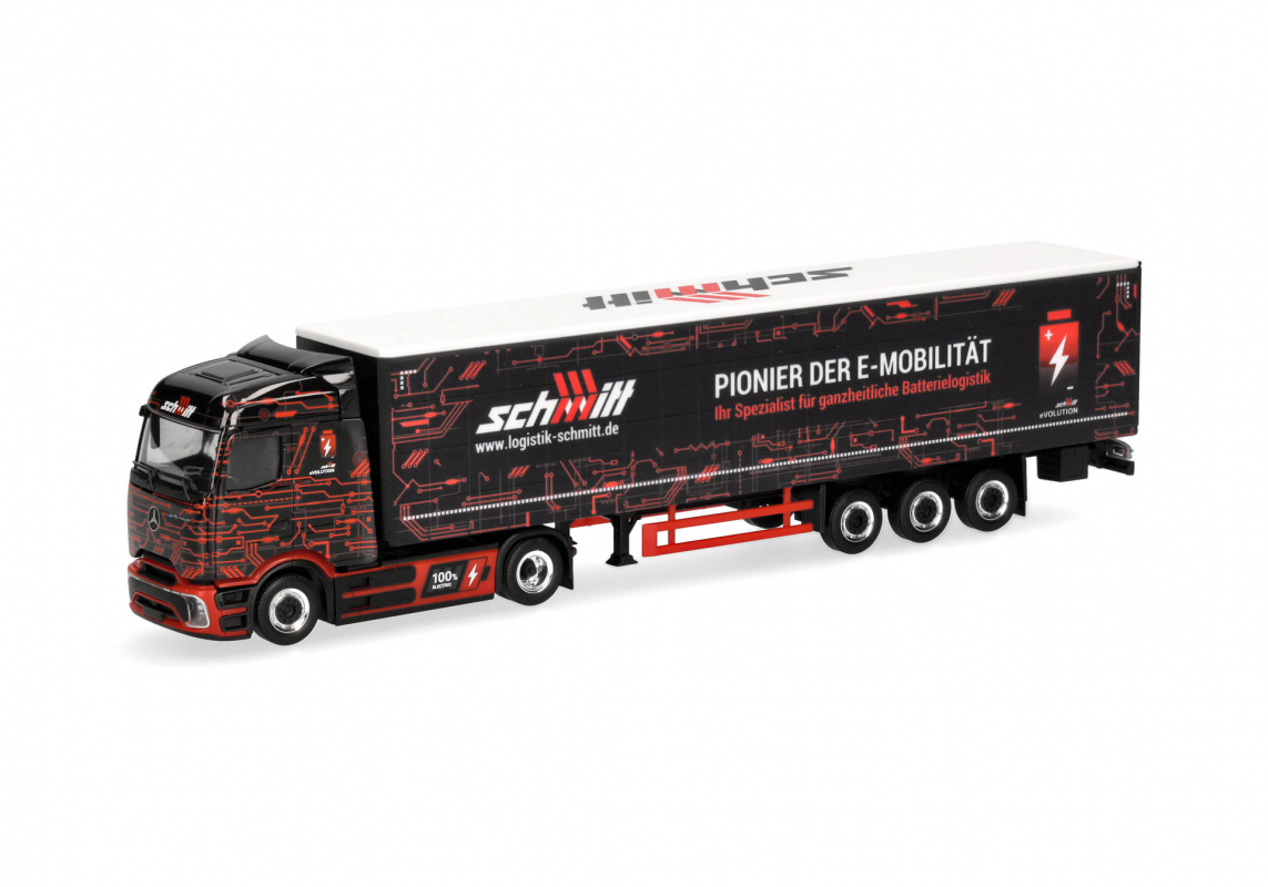 961417 Mb eActros 600 ProCabin Streamspace Gardinenplanen-Sattelzug "Schmitt" Herpa