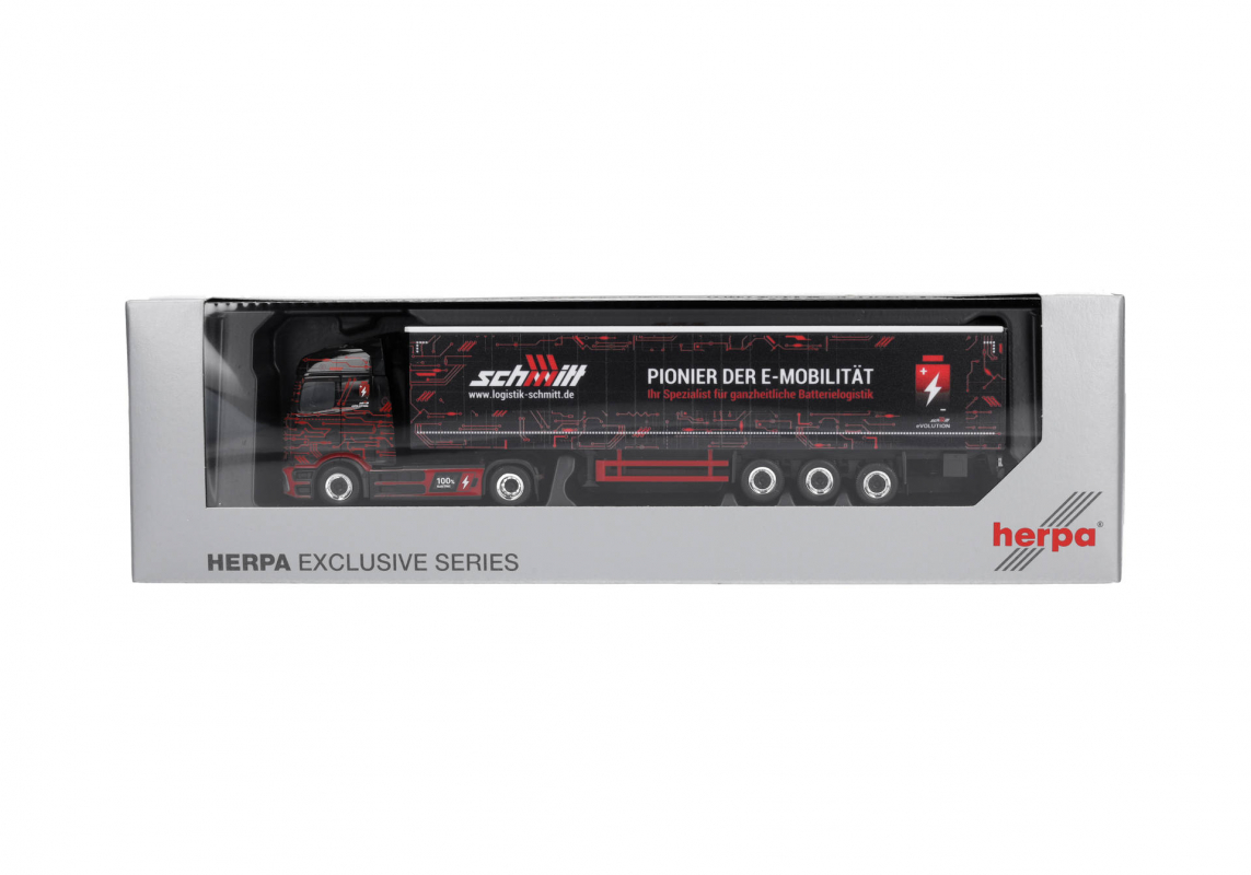 Preview: 961417 Mb eActros 600 ProCabin Streamspace Gardinenplanen-Sattelzug "Schmitt" Herpa