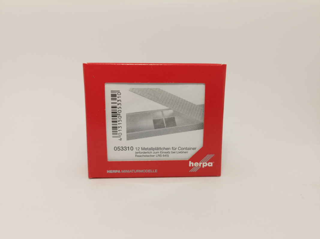 053310  Metallplätchen zum Nachrüsten des Containers (Reachstacker), 12 Stück Herpa