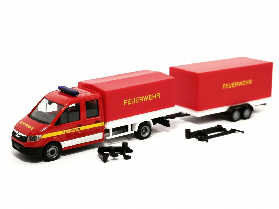 093866 MAN TGE mit Pritsche und Plane und Planenanhänger "Feuerwehr" Herpa *Restbestand*