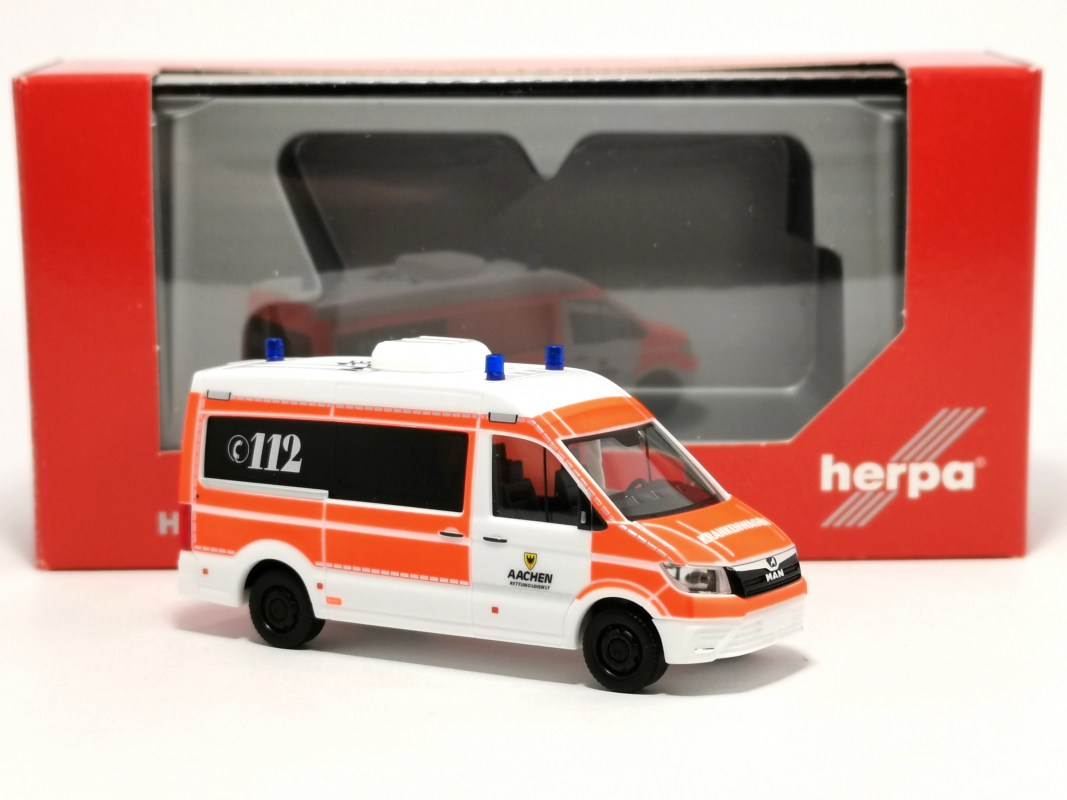 096652 MAN TGE Bus HD „Rettungsdienst Aachen“ Herpa