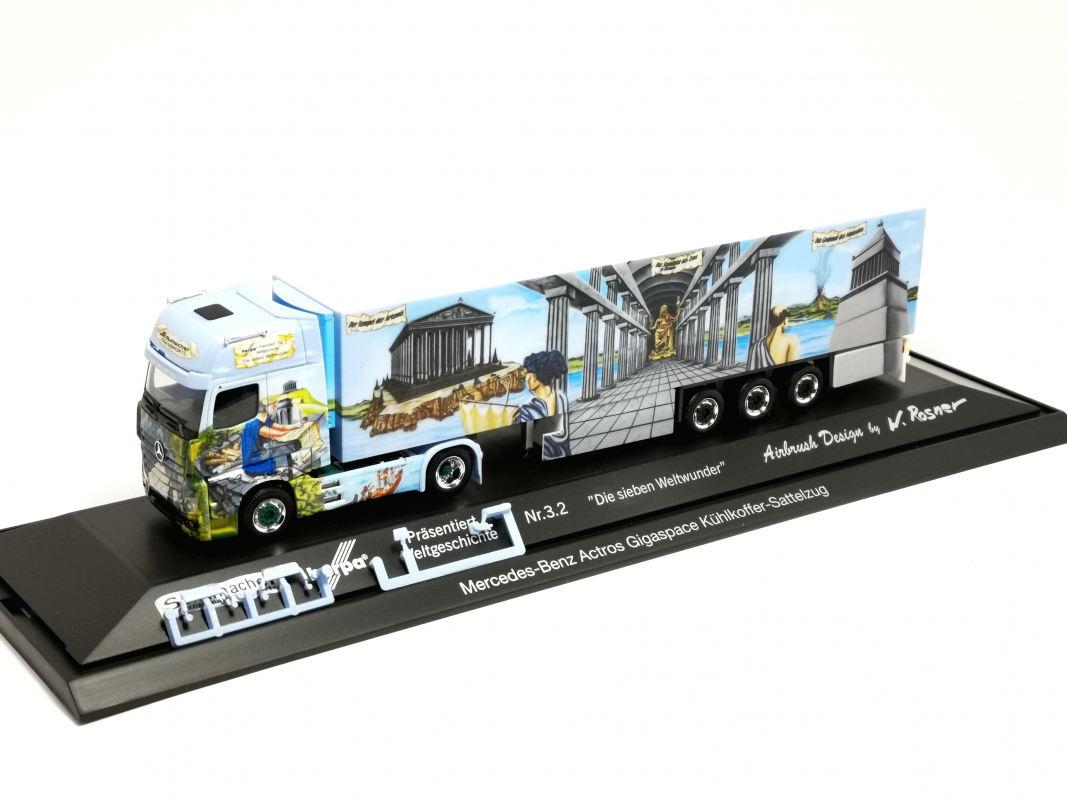 122214 Mb Actros `18 Kühlkoffer-Sattelzug „Herpa Weltgeschichte Nr. 3.2, Schumacher“ Herpa