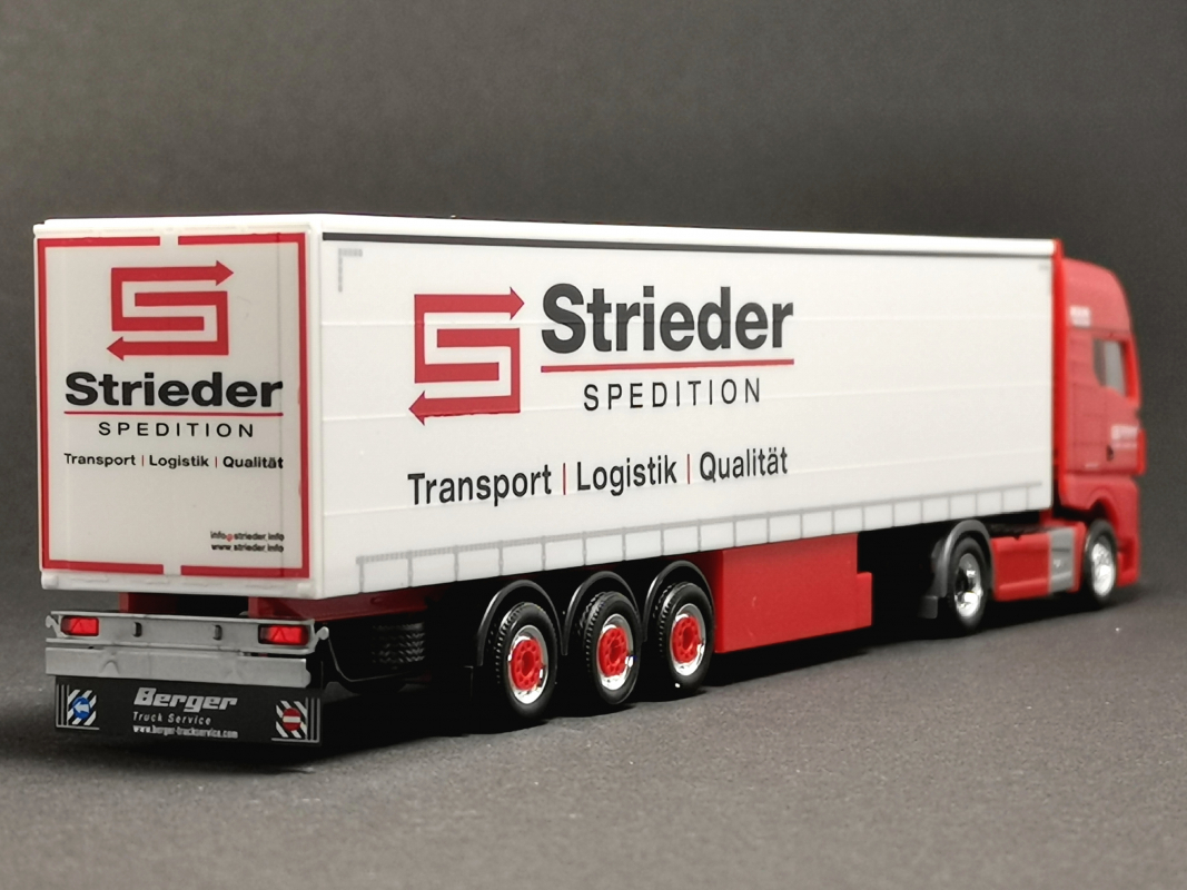 Preview: 945523 MAN TGX GX Gardinenplanen Sattelzug "Strieder Spedition" Herpa SALE