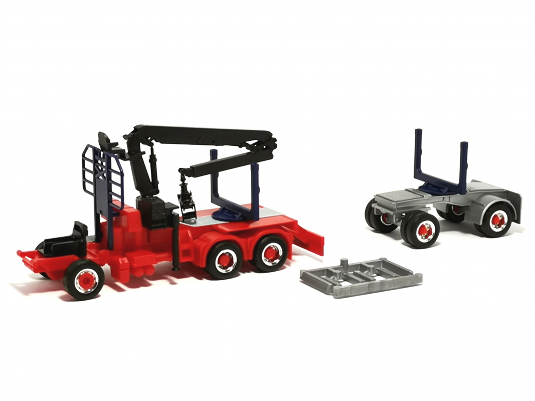 Motorwagen und Anhänger für Langholz-Transporter, rot/schwarz/silber Herpa