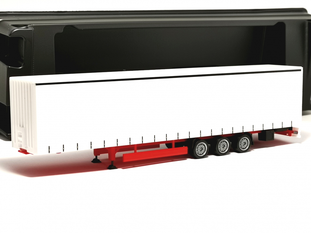 077064 Lowliner-Gardinenplanenauflieger 15m 3-achs, weiß Herpa - SALE