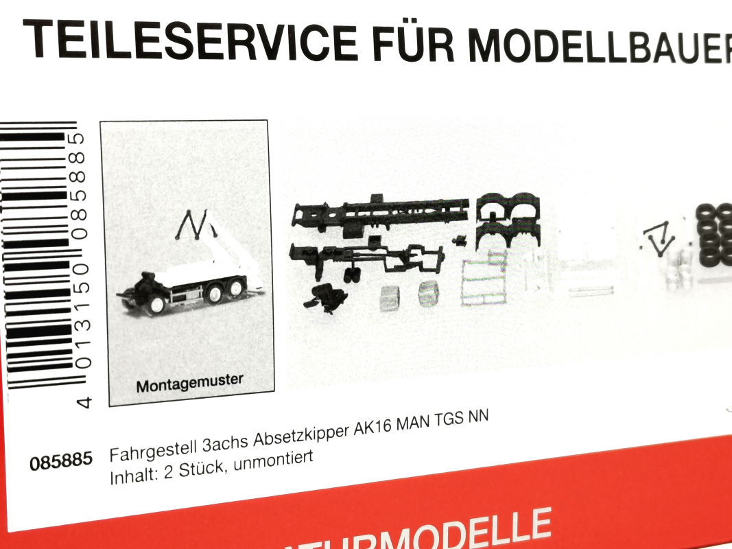 085885 Fahrgestell 3a Absetzkipper AK16 MAN TGS NN (ohne Fahrerhaus), 2 Stück Herpa