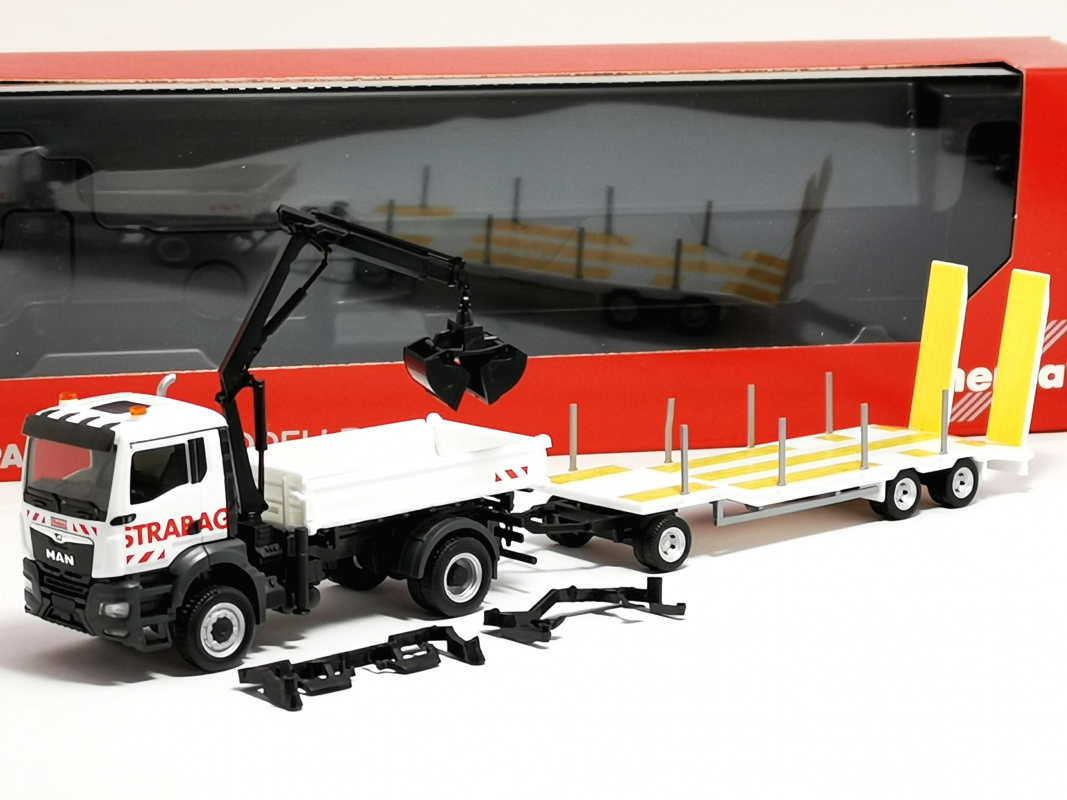 318730 MAN TGS NN Dreiseitenkipper mit Kran und TU3-Anhänger "Strabag" Herpa