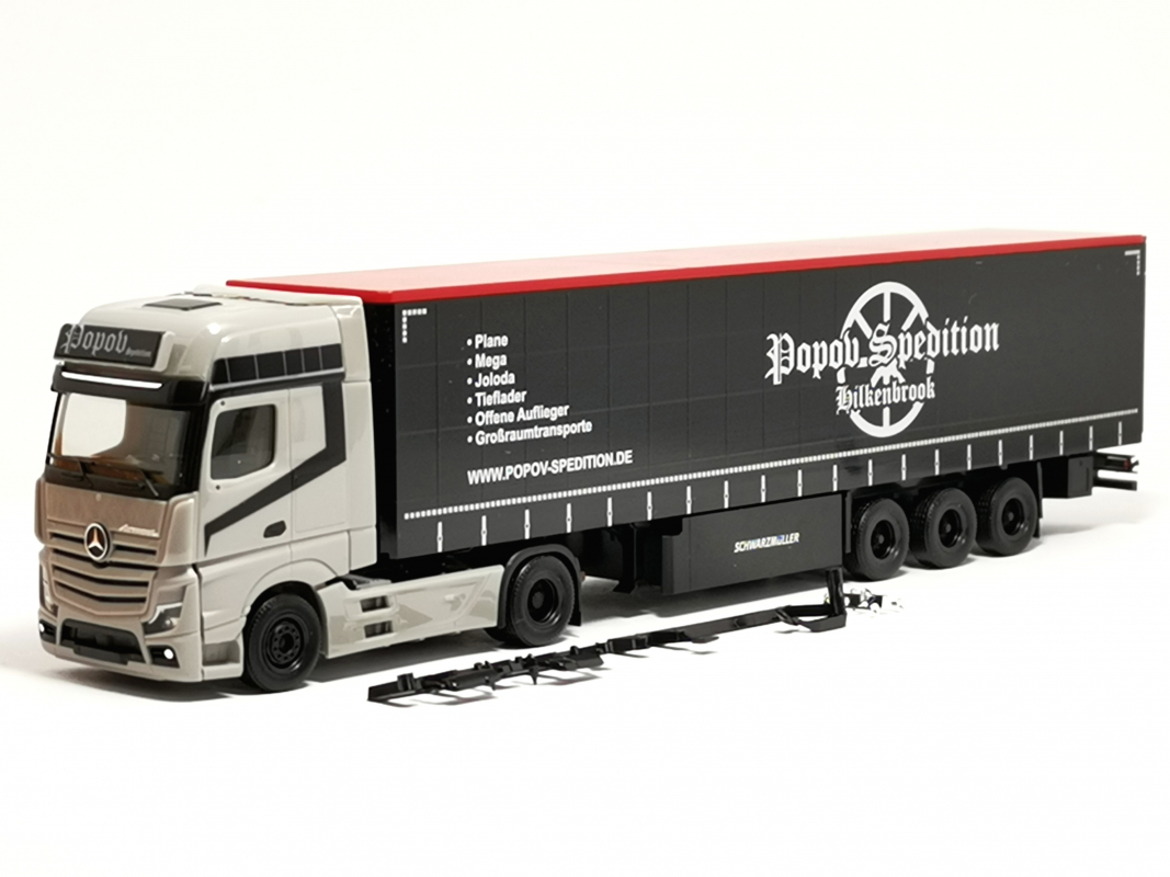 318891 Mb Actros L Gigaspace Gardinenplanen-Sattelzug "Popov Spedition" Herpa FridaySALE