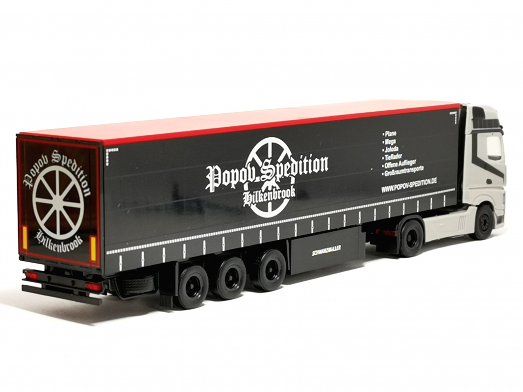 Preview: 318891 Mb Actros L Gardinenplanen-Sattelzug "Popov Spedition" Herpa - SALE