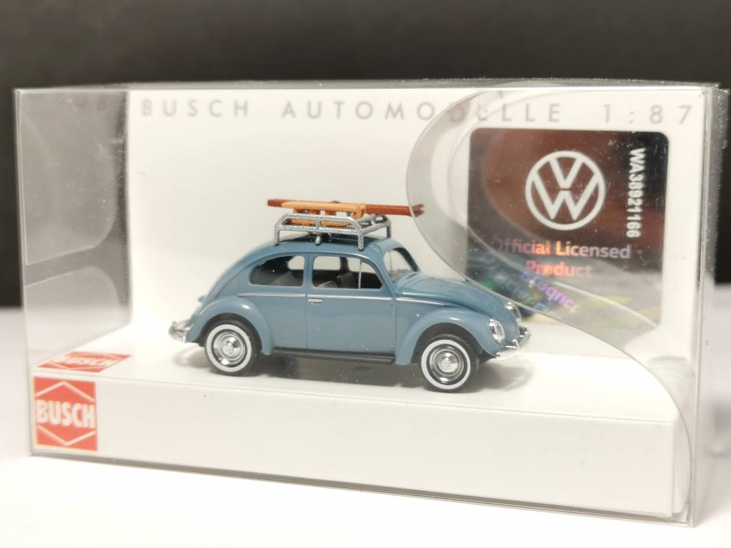 52911 VW Käfer mit Brezelfenster + Dachgepäckträger, blau BUSCH
