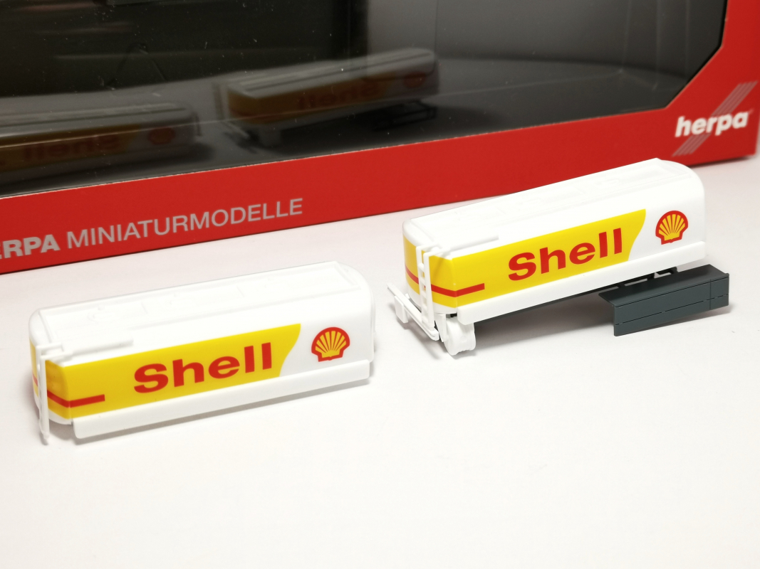 2x Benzintank für Motorwagen & Anhänger "Shell" Herpa