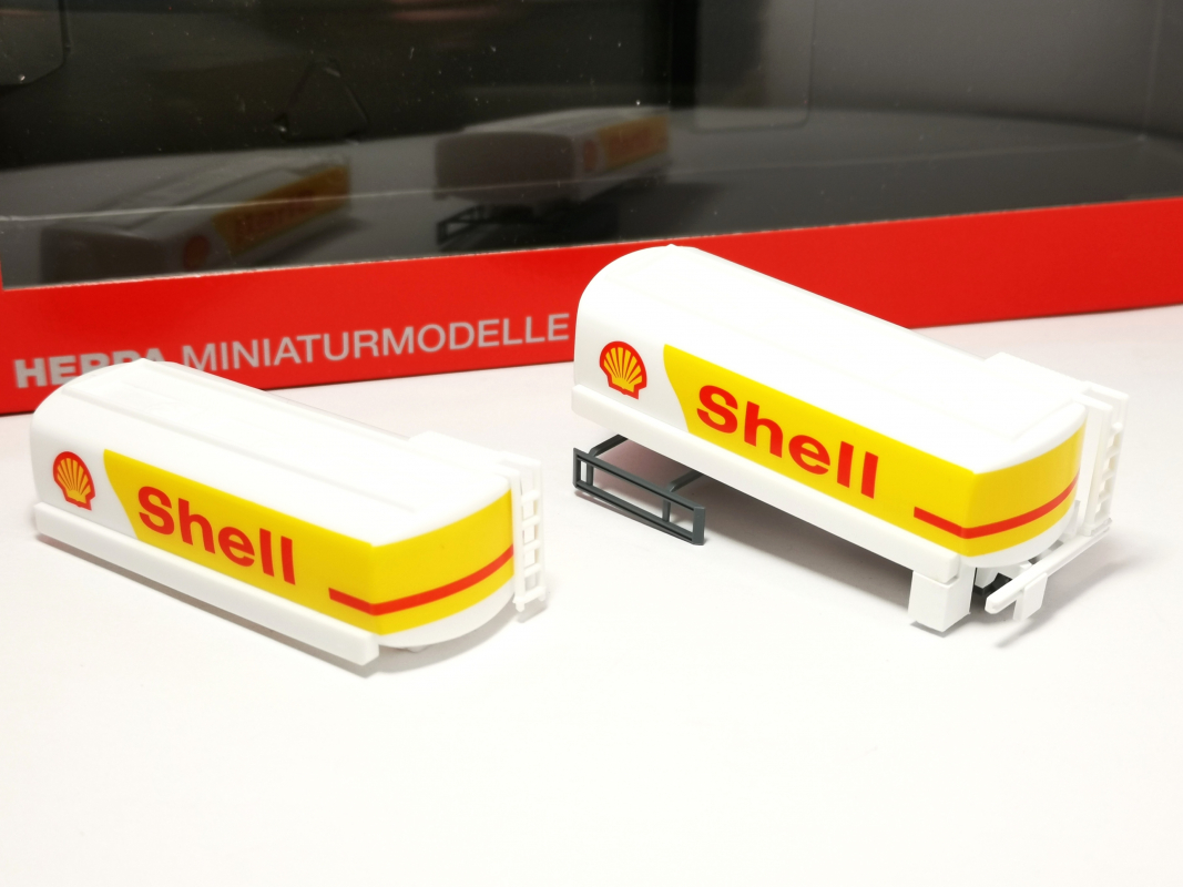 2x Benzintank für Motorwagen & Anhänger "Shell" Herpa