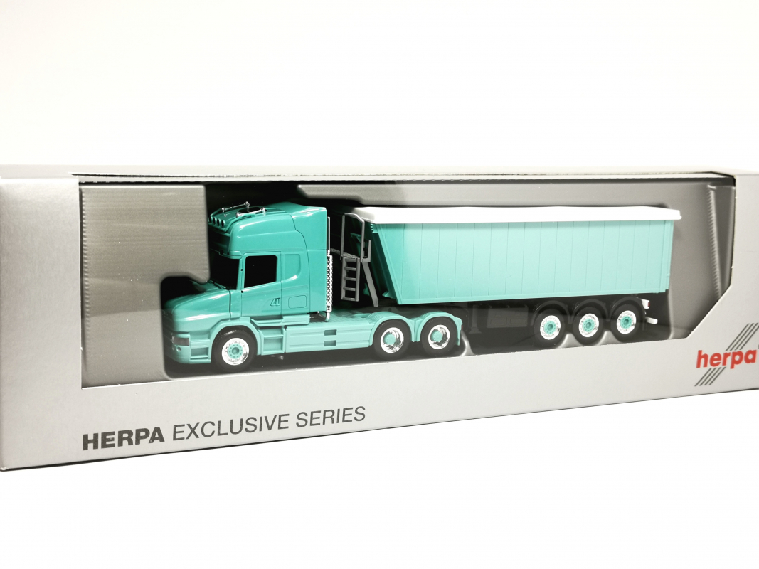 959834 Scania Hauber TL Stöffelliner Sattelzug, türkis unbedruckt Herpa