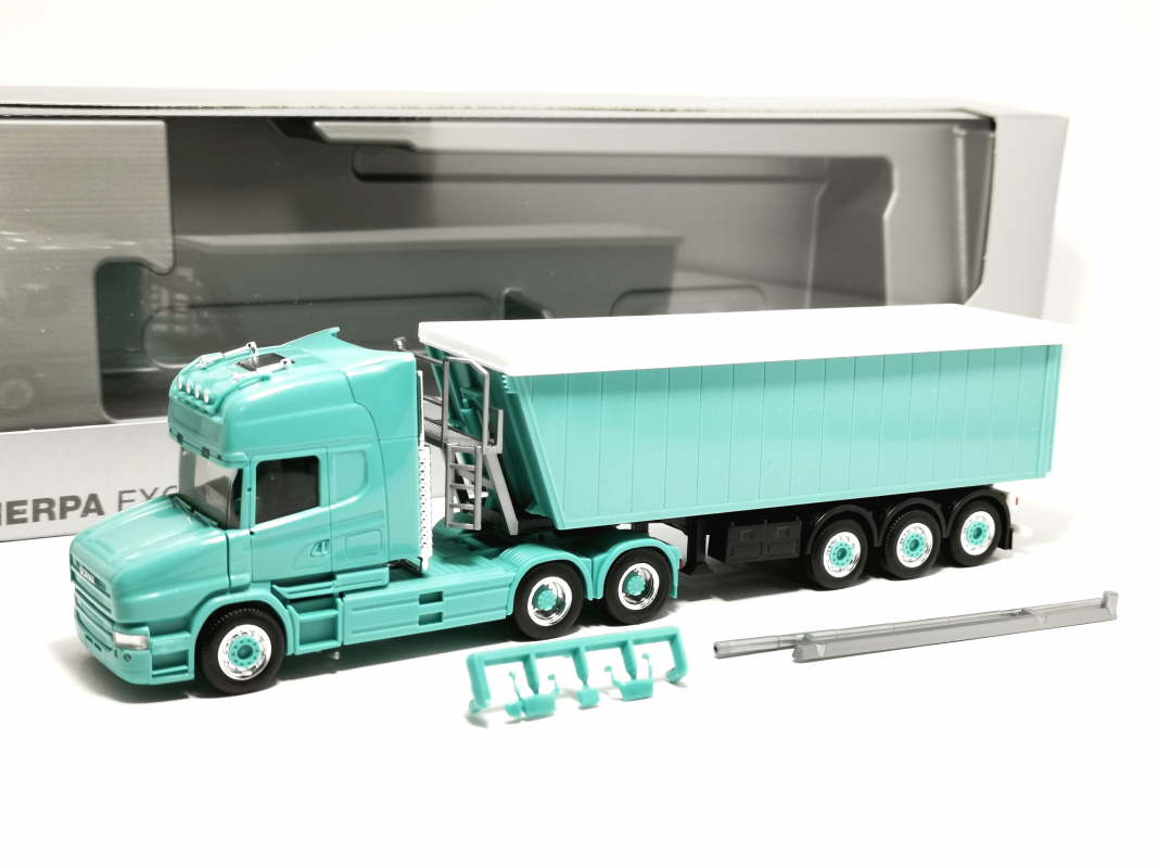 959834 Scania Hauber TL Stöffelliner Sattelzug, türkis unbedruckt Herpa