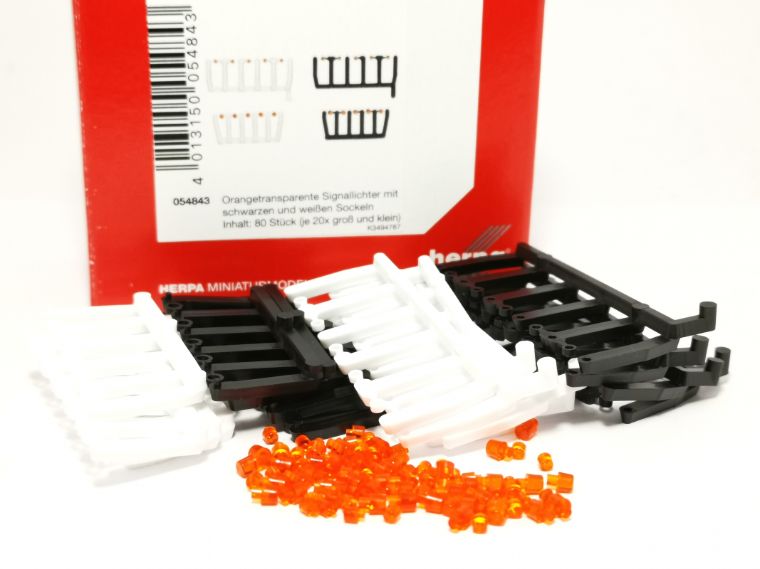 054843 80 Signallichter orangetransparent mit schwarzen und weißen Sockeln, je 20x groß und klein Herpa