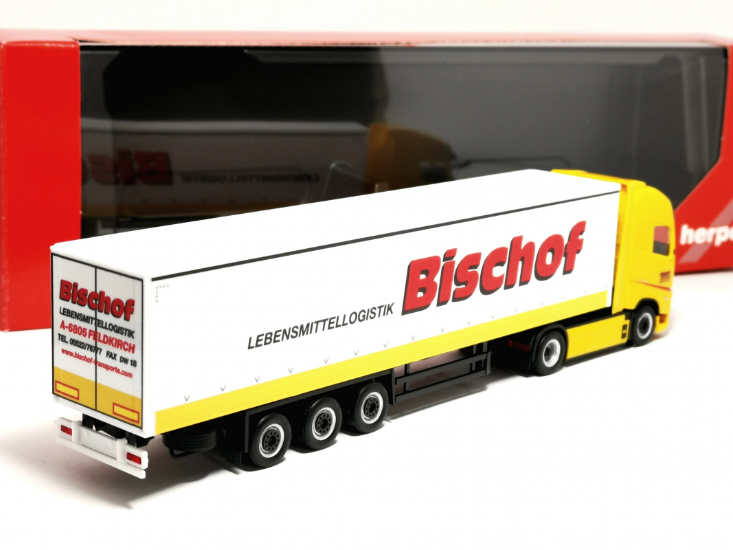 Preview: 319348 Volvo FH GL XL electric Gardinenplanen-Sattelzug "Bischof" Herpa