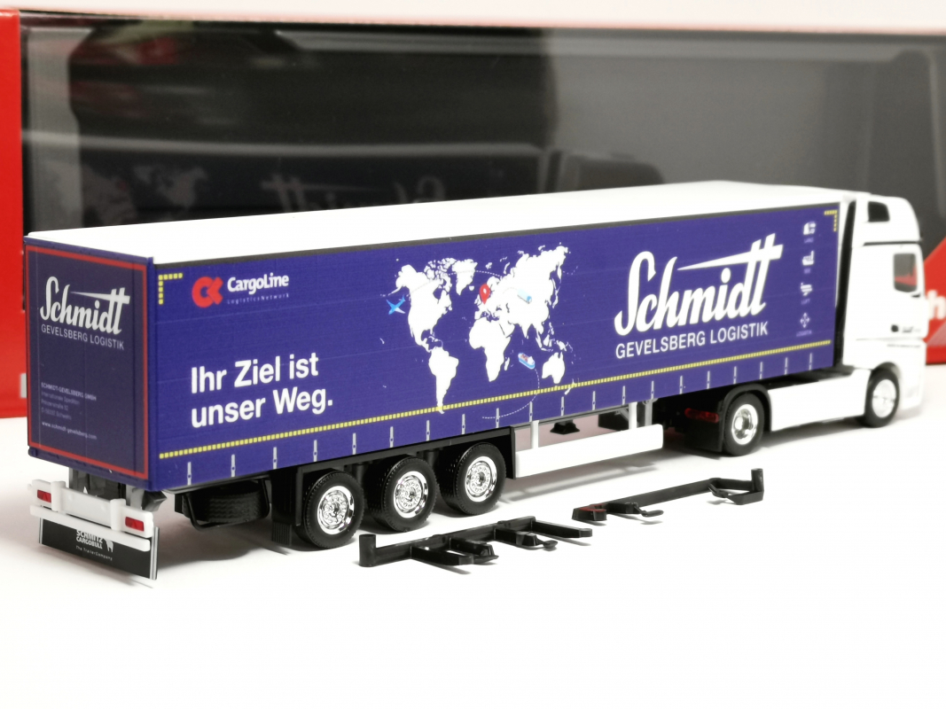 319362 Mb Actros Bigspace Gardinenplanen-Sattelzug "Schmidt Gevelsberg" Herpa