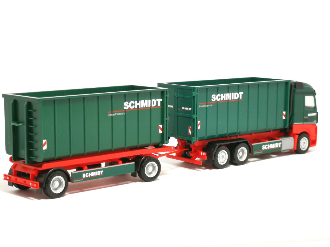 Preview: 957557 Mb Actros 18 Abrollmulden-Hängerzug "Schmidt Umweltservice" Herpa - SALE