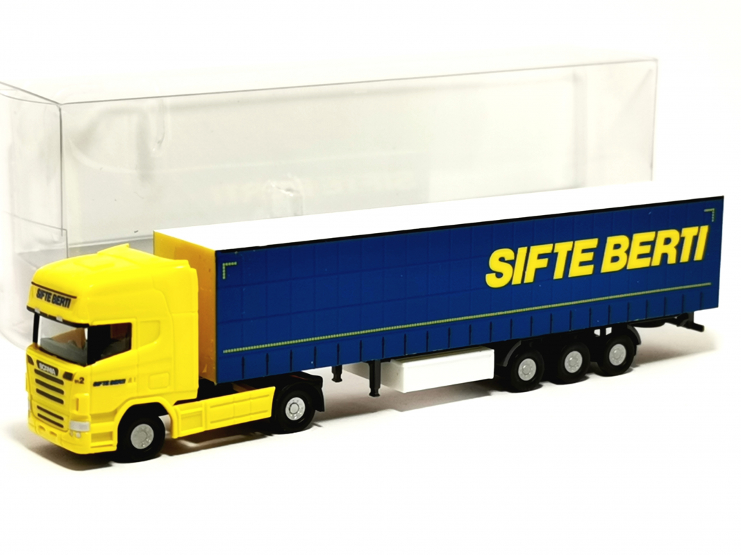 961721 Scania R 04 Topline Gardinenplanen-Sattelzug "Sifte Berti" Herpa Maßstab: 1:160