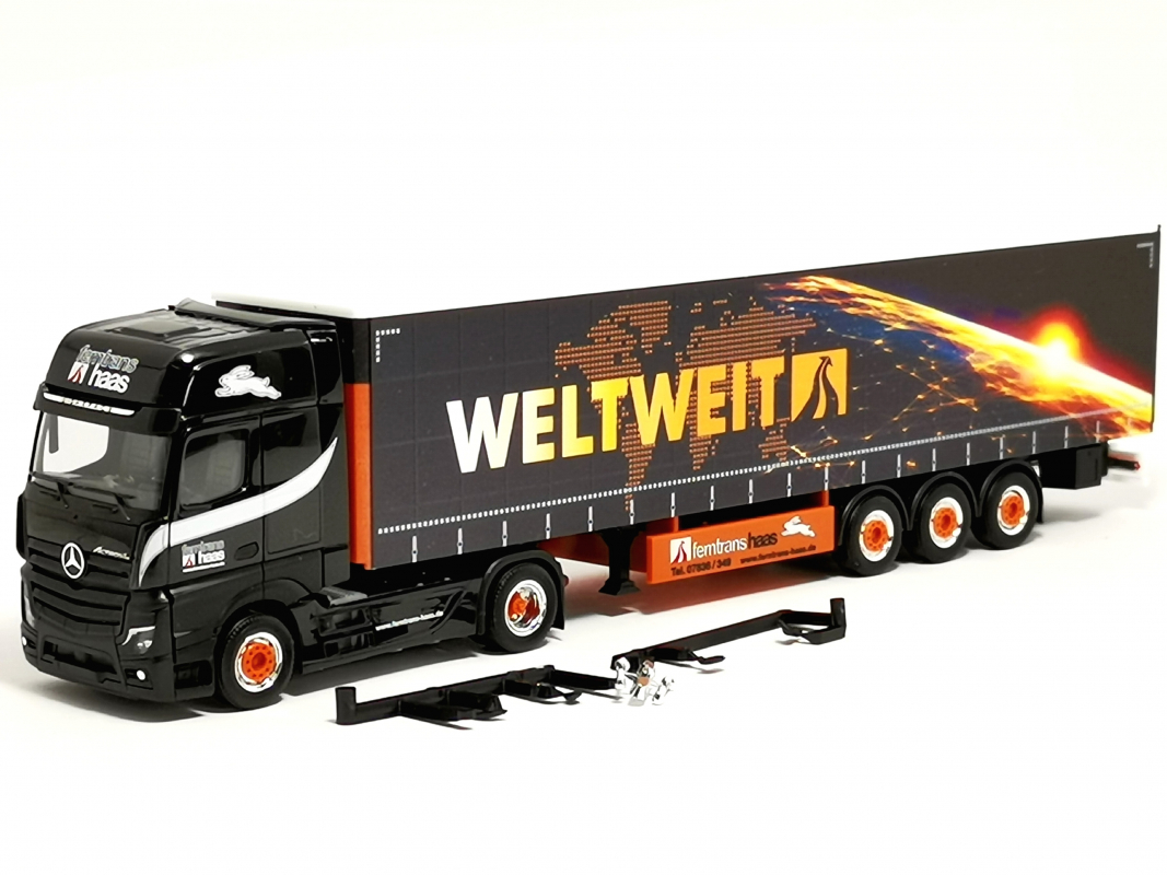 320023 Mb Actros L 18 Gigaspace Gardinenplanen-Sattelzug "Ferntrans Haas/weltweit" Herpa
