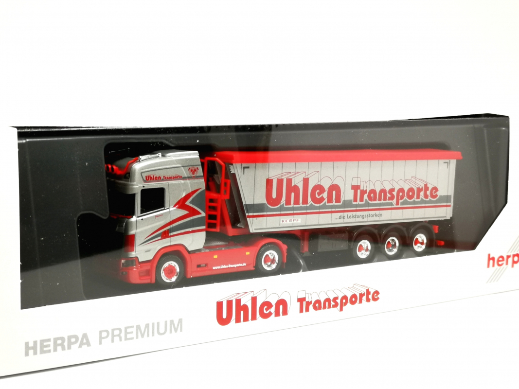961660 HERPA PREMIUM: "Uhlen Transporte" Scania CS 20 Hochdach Stöffelliner-Kippsattelauflieger