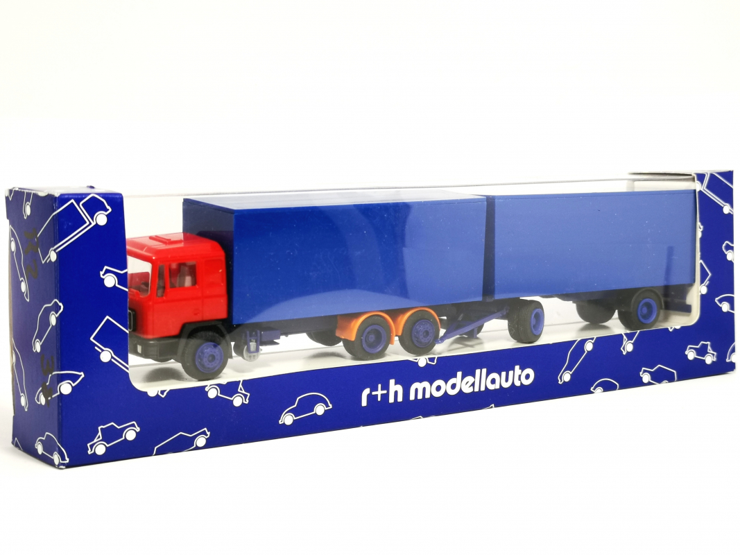 MAN F90 3-achs Koffer-Hängerzug unbedruckt, blau/rot/orange  r+H Modellauto 1:87 R2