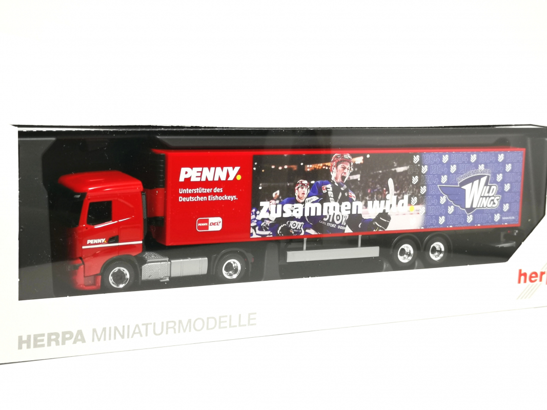 962117 Iveco S-Way Kühlkoffer-Sattelzug "PENNY DEL / Schwenninger Wild Wings" Herpa
