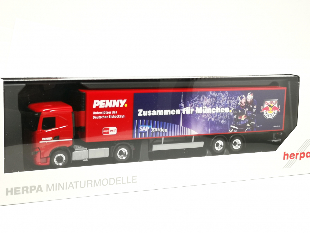 962094 Iveco S-Way Kühlkoffer-Sattelzug "PENNY DEL / EHC Red Bull München" Herpa