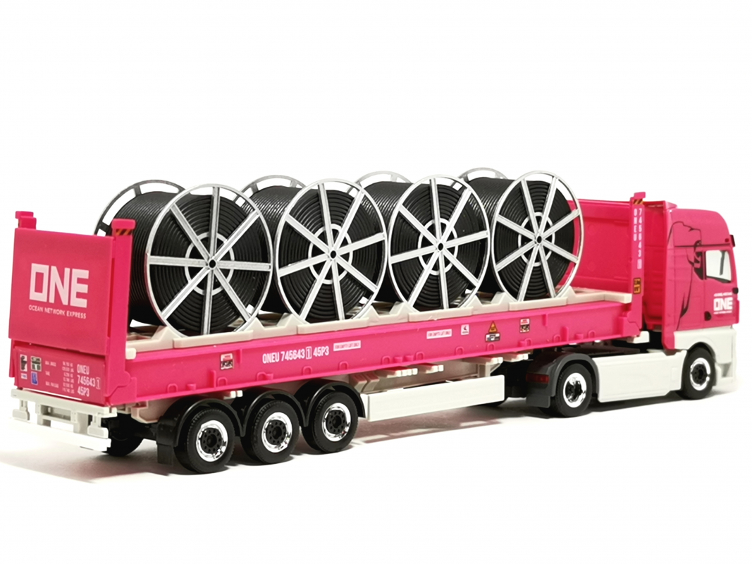 Preview: 960335 MAN eTGX GX 40ft Flatrackcontainer-Sattelzug mit Kabeltrommeln "ONE" Herpa