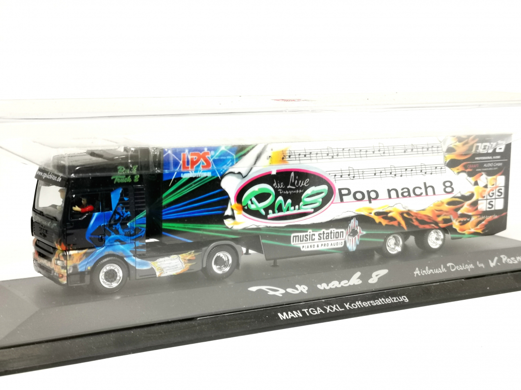 12127 MAN TGA XXL Koffer-Sattelzug "Pop nach 8" Herpa Ohne Umverpackung