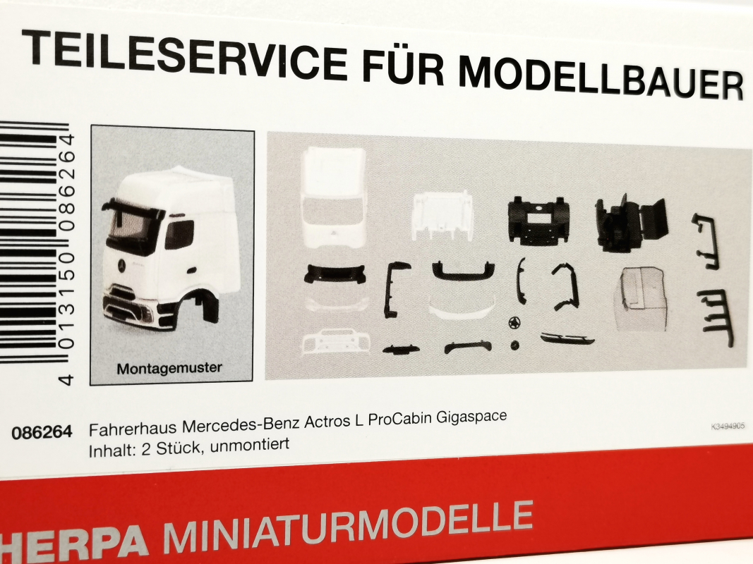 086264 Fahrerhaus Mercedes-Benz Actros L ProCabin Gigaspace, weiß (2 Stück) Herpa