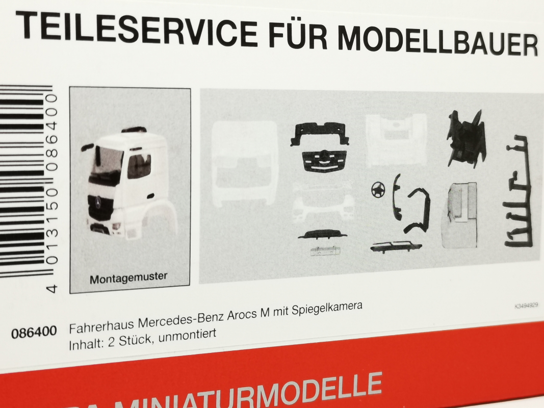 086400 Fahrerhaus Mercedes-Benz Arocs M mit Spiegelkamera, weiß (2 Stück) Herpa