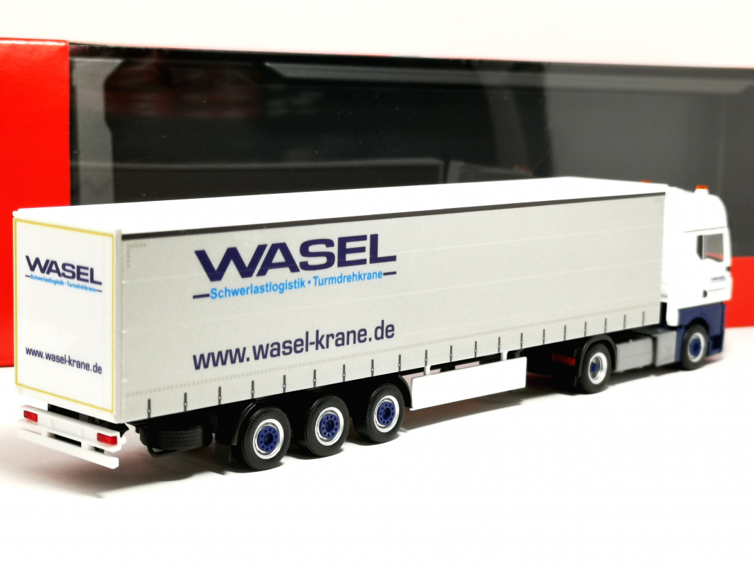 Preview: 32125 MAN TGX GX Gardinenplanen-Sattelzug "Wasel" Herpa