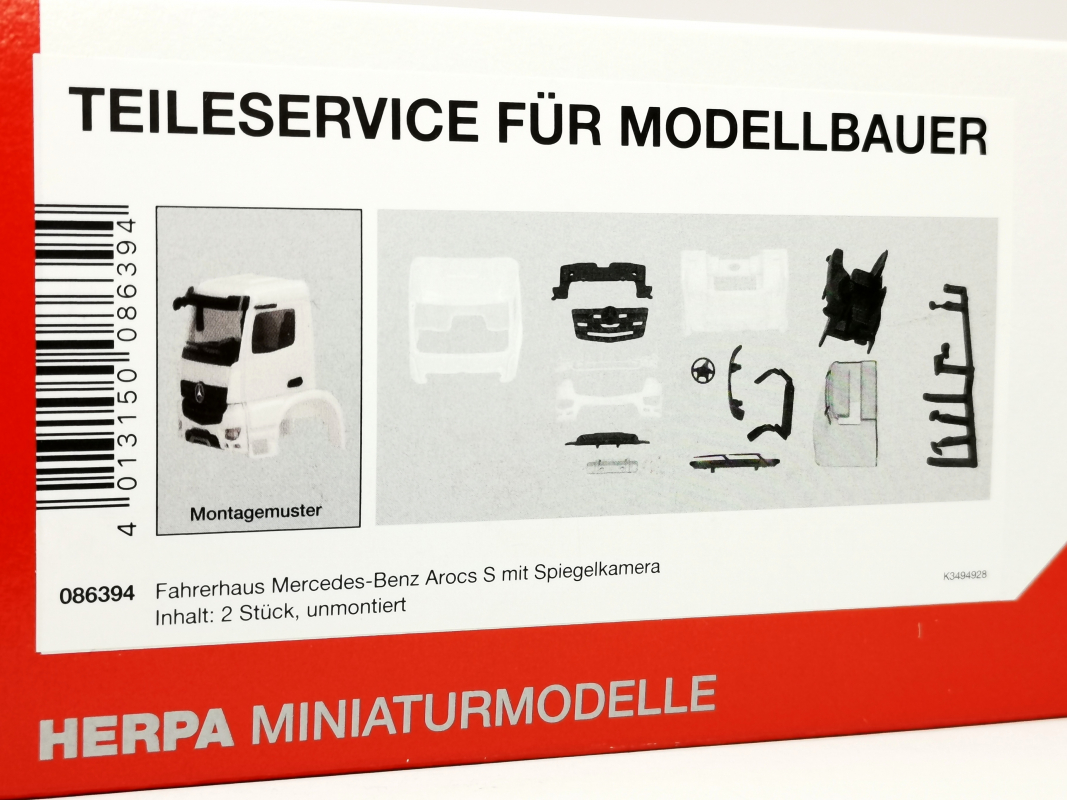 086394 Fahrerhaus Mercedes-Benz Arocs S mit Spiegelkamera, weiß (2 Stück) Herpa