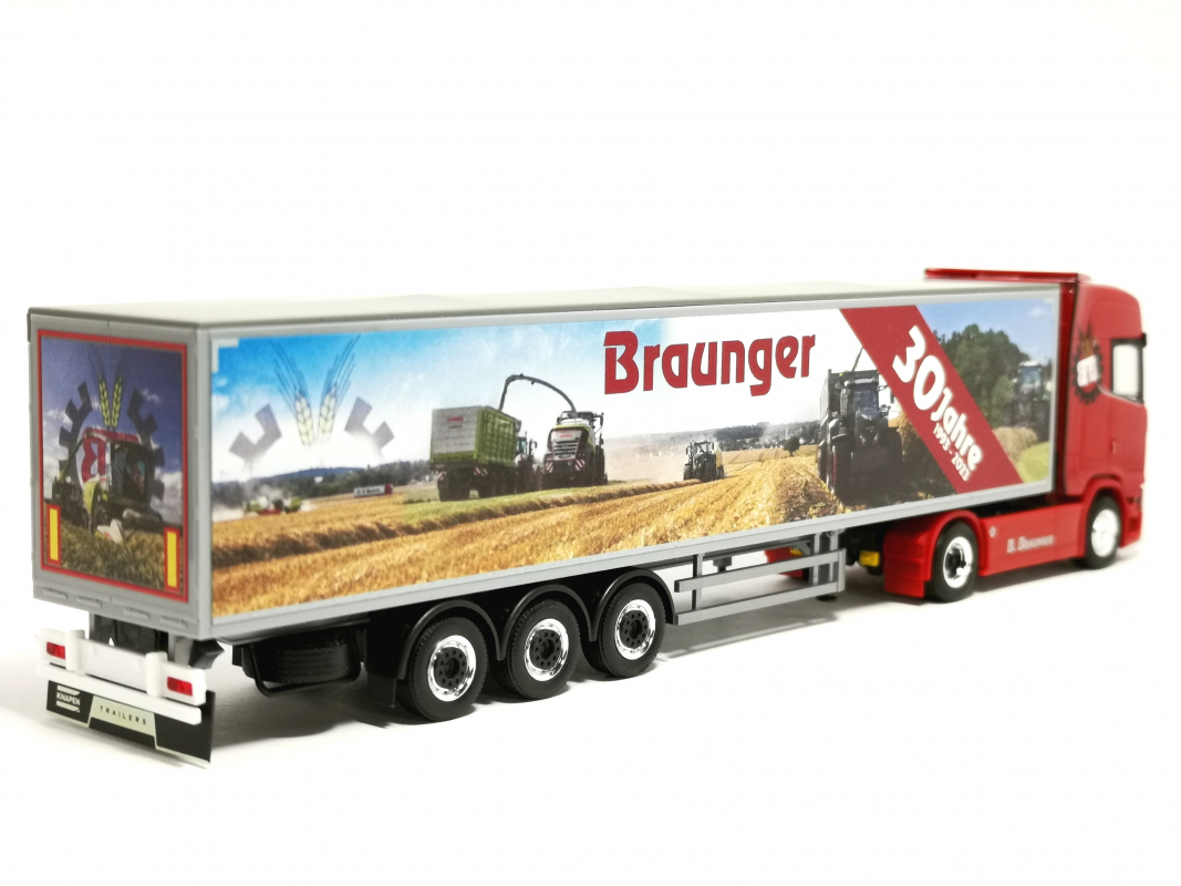 Preview: 927093 Scania CS 20 Hochdach Schubboden-Sattelzug "30 Jahre Braunger" Herpa