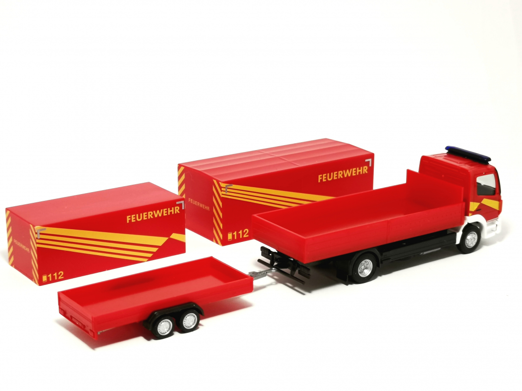 321266 Mercedes-Benz Atego '13 Planen-LKW mit Planen-Anhänger "Feuerwehr GW Logistik" Herpa