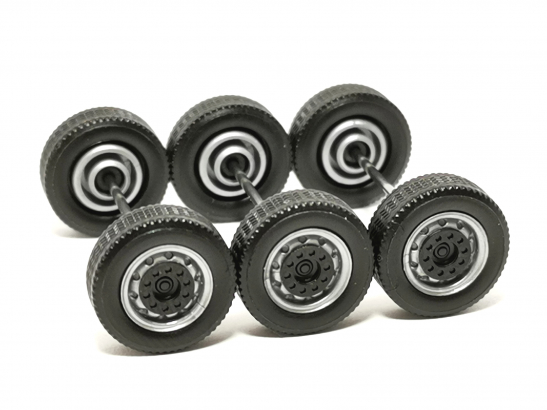 3x Radsatz Hänger 2 - T Breitreifen, silber/schwarz Herpa C696
