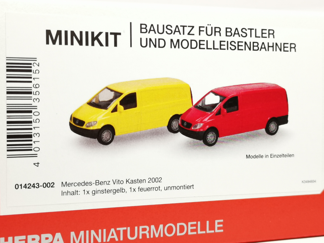 014243-002 Herpa MiniKit: Mercedes-Benz Vito Kasten 2002, ginstergelb/rot Herpa
