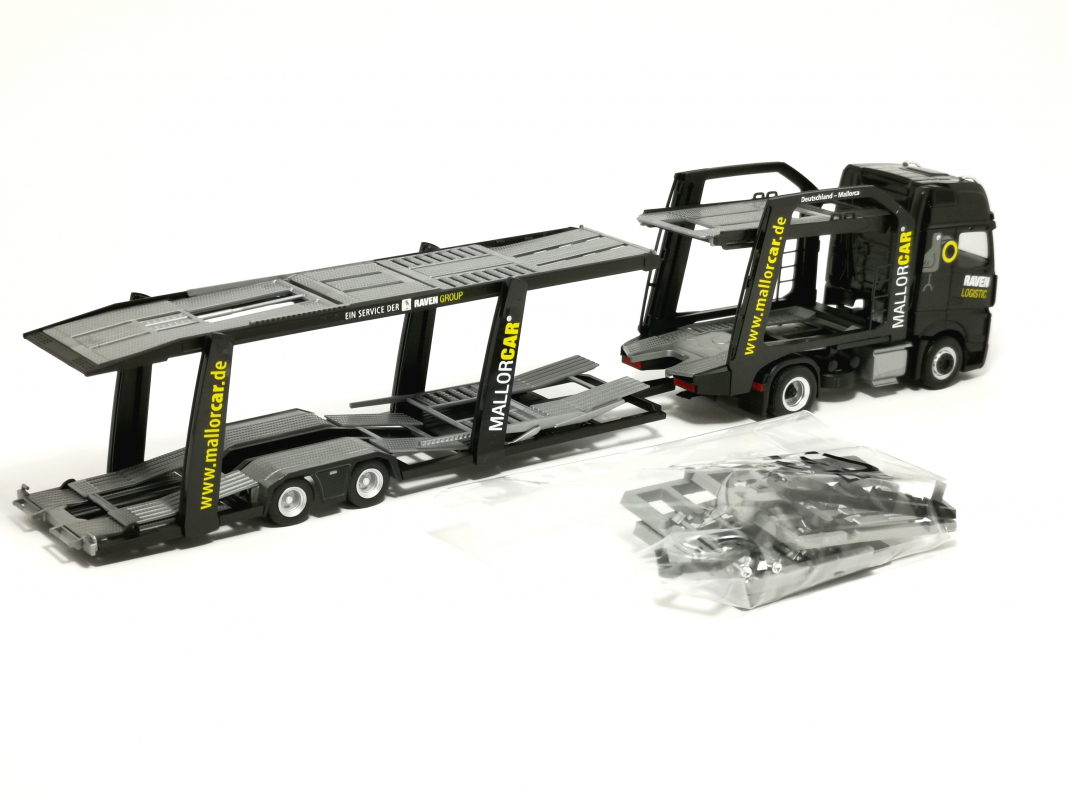Preview: 321372 Mercedes-Benz Actros L 18 Gigaspace Autotransporter-Hängerzug "Raven Logistic" Herpa
