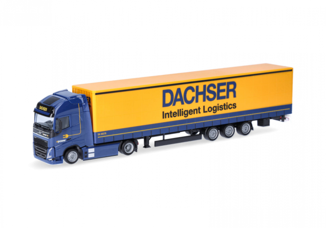959773 Volvo FH GL XL 2020 Electric Jumbogardinenplanen-Sattelzug "Dachser" Clubmodell Herpa