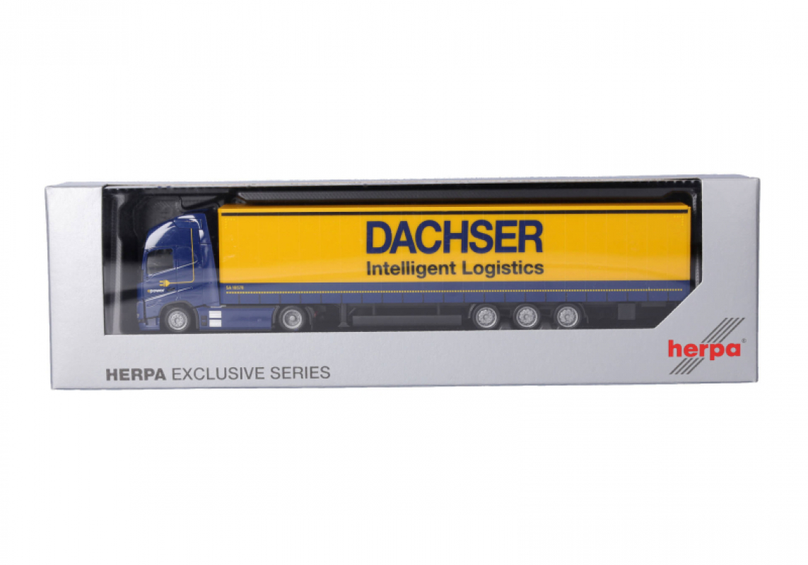 959773 Volvo FH GL XL 2020 Electric Jumbogardinenplanen-Sattelzug "Dachser" Clubmodell Herpa