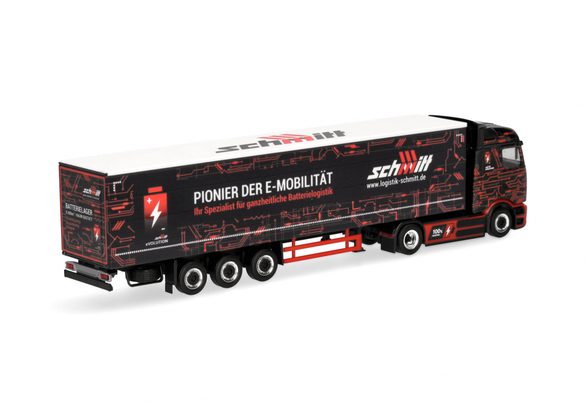 961417 Mb eActros 600 ProCabin Streamspace Gardinenplanen-Sattelzug "Schmitt" Herpa