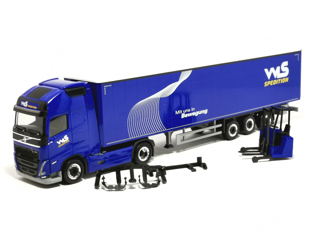 951531 Volvo FH´20 GL XL Gardinenplanen Sattelzug mit Stapler "WLS Spedition" Herpa