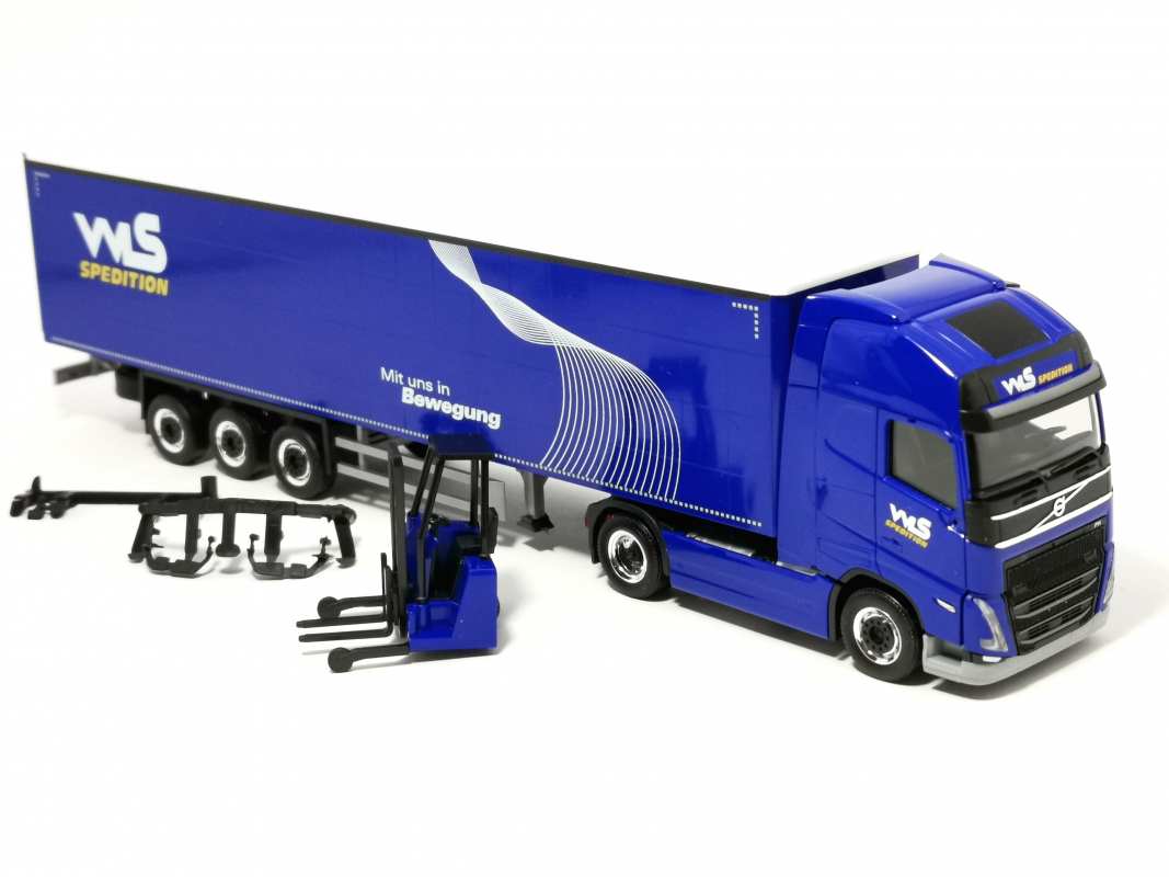 951531 Volvo FH´20 GL XL Gardinenplanen Sattelzug mit Stapler "WLS Spedition" Herpa