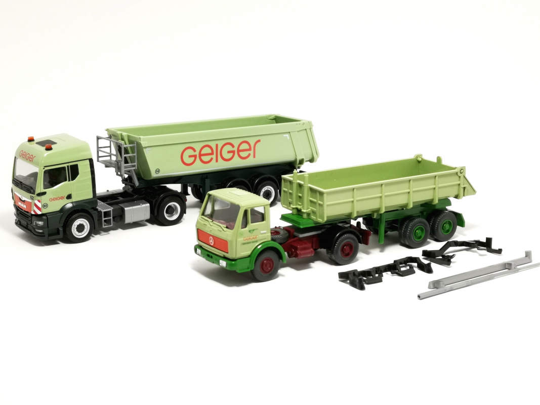 316699 Set / MAN TGS TM Rundmulde u. Mb Baukipper (Wiking) "100 Jahre Geiger" Herpa