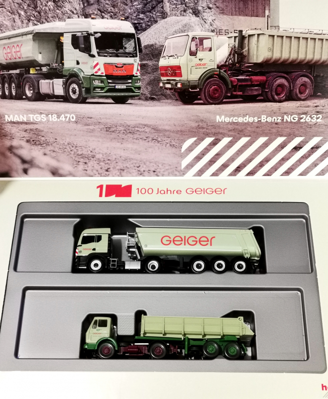 316699 Set / MAN TGS TM Rundmulde u. Mb Baukipper (Wiking) "100 Jahre Geiger" Herpa