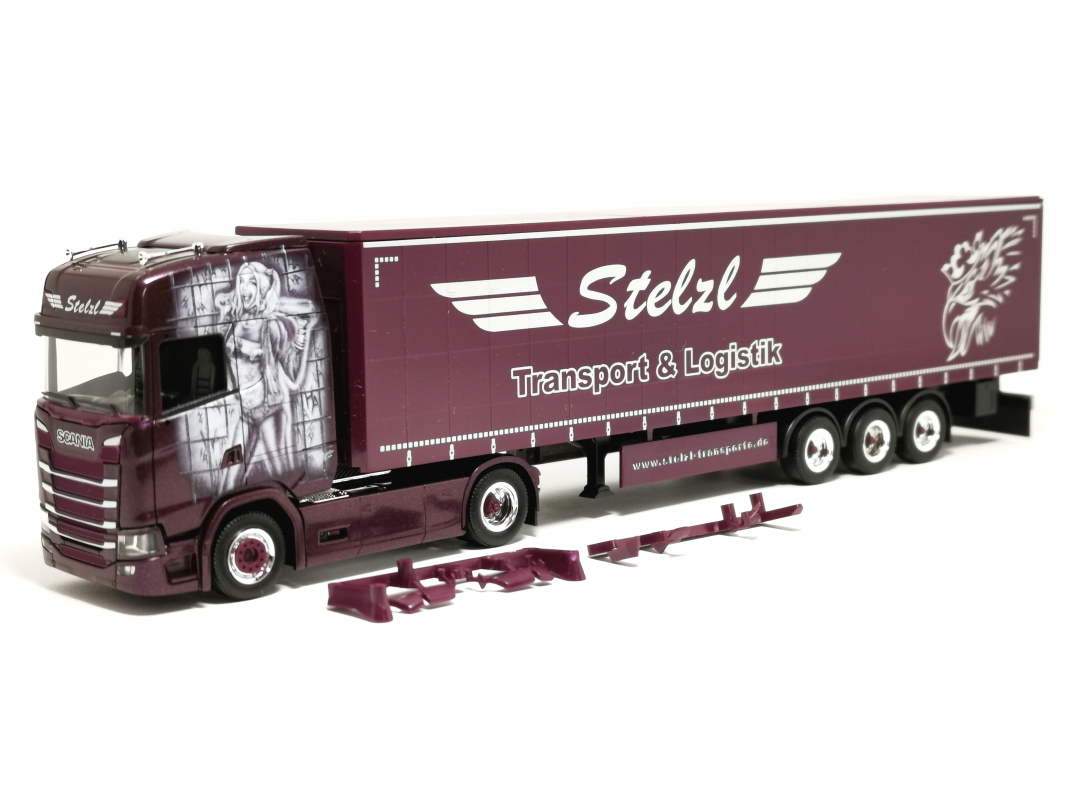 956505 Scania CS 20 HD Gardinenplanen Sattelzug "Stelzl Joker/ Harley Quinn Herpa