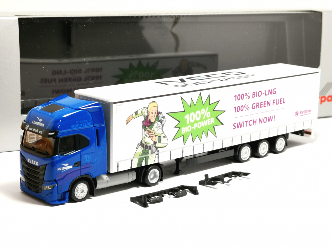 954266 Iveco S-Way LNG Lowliner Gardinenplanen Sattelzug "J.S Logistics" Herpa - SALE