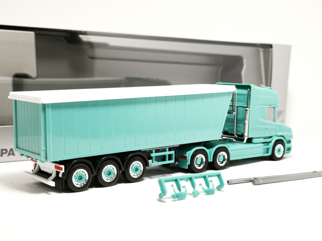 959834 Scania Hauber TL Stöffelliner Sattelzug, türkis unbedruckt Herpa
